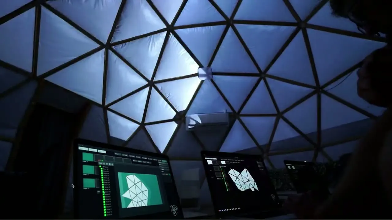 LayerMapper LITE release party: a geodesic dome mapped with three laptops and three projectors.