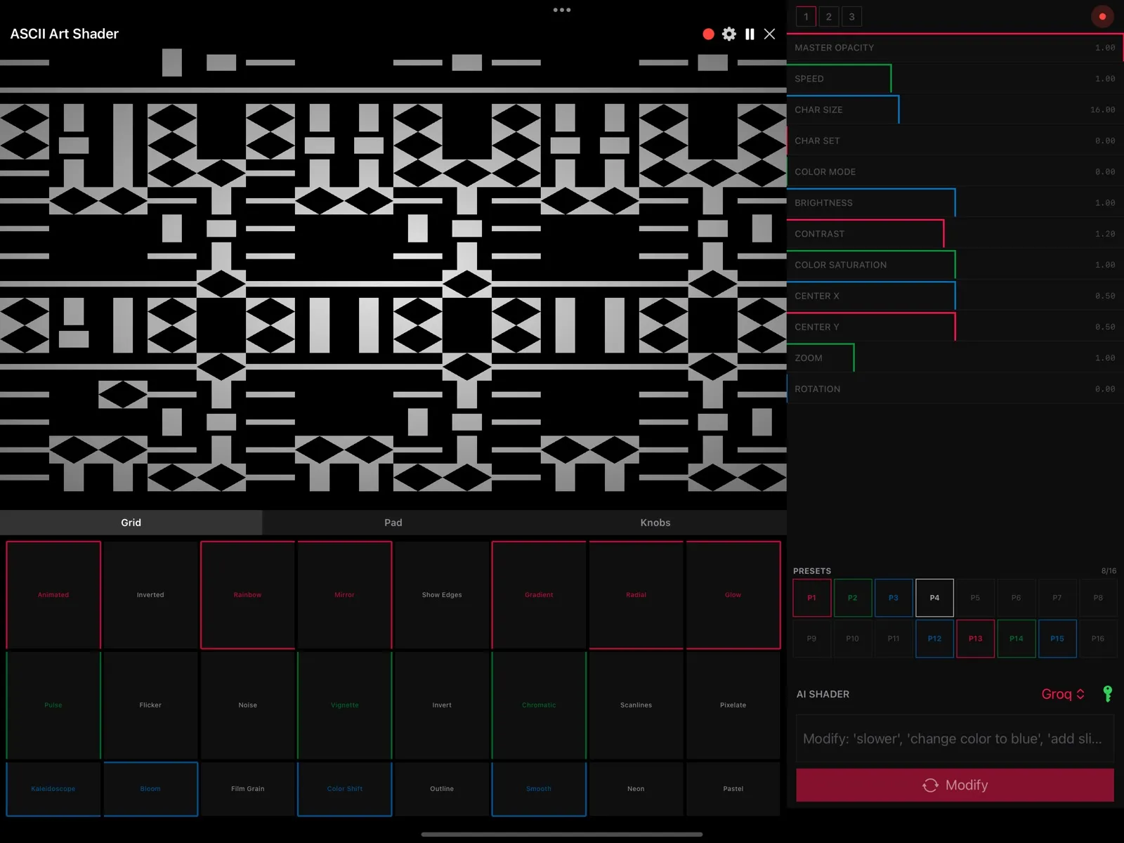 AI Shaders editor on iPad showing an ASCII-art shader and its parameters