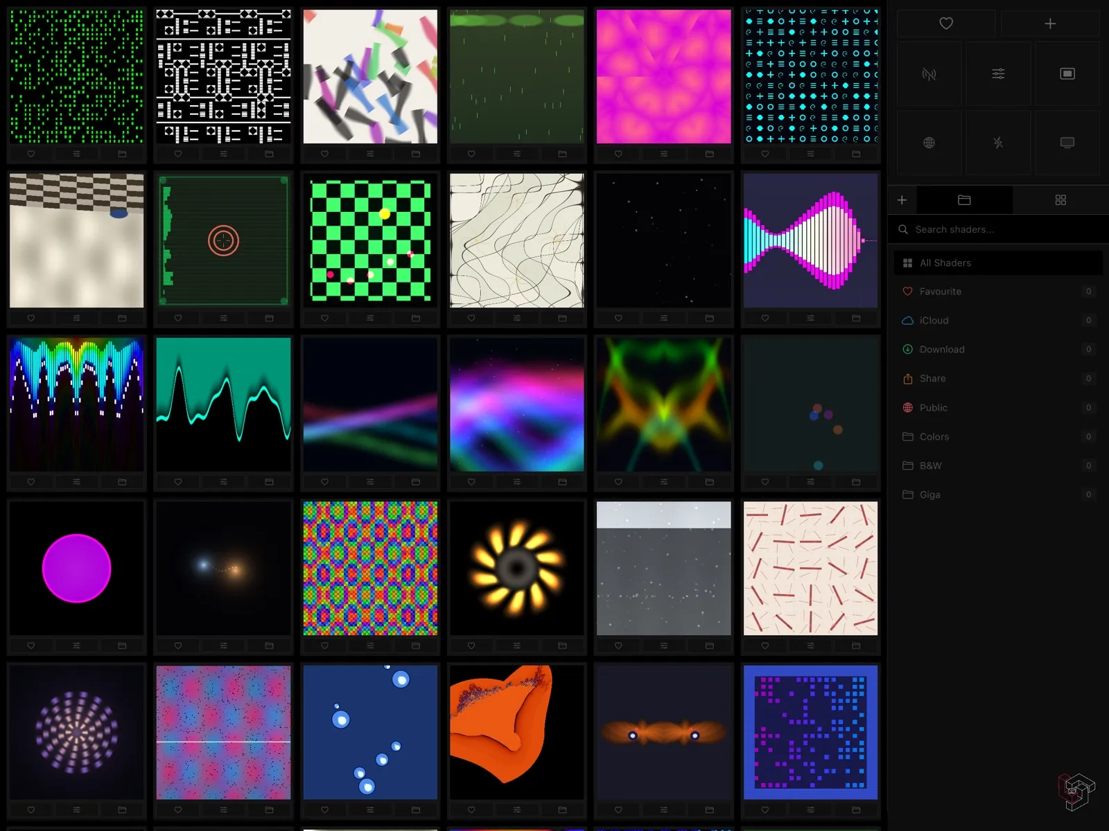 AI Shaders gallery with a grid of colourful GLSL shader thumbnails on iPhone