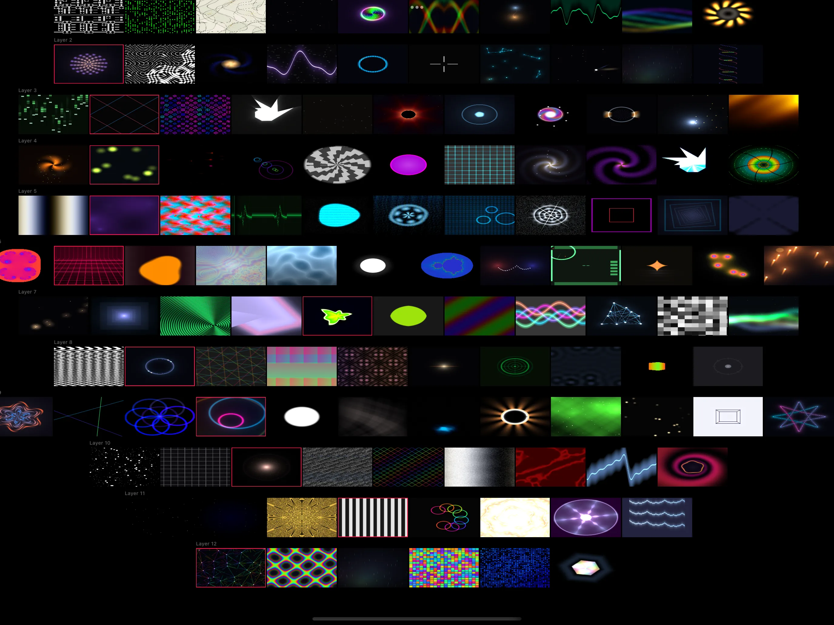 Library of GLSL shader thumbnails on iPad in LayerMapper AI Shaders