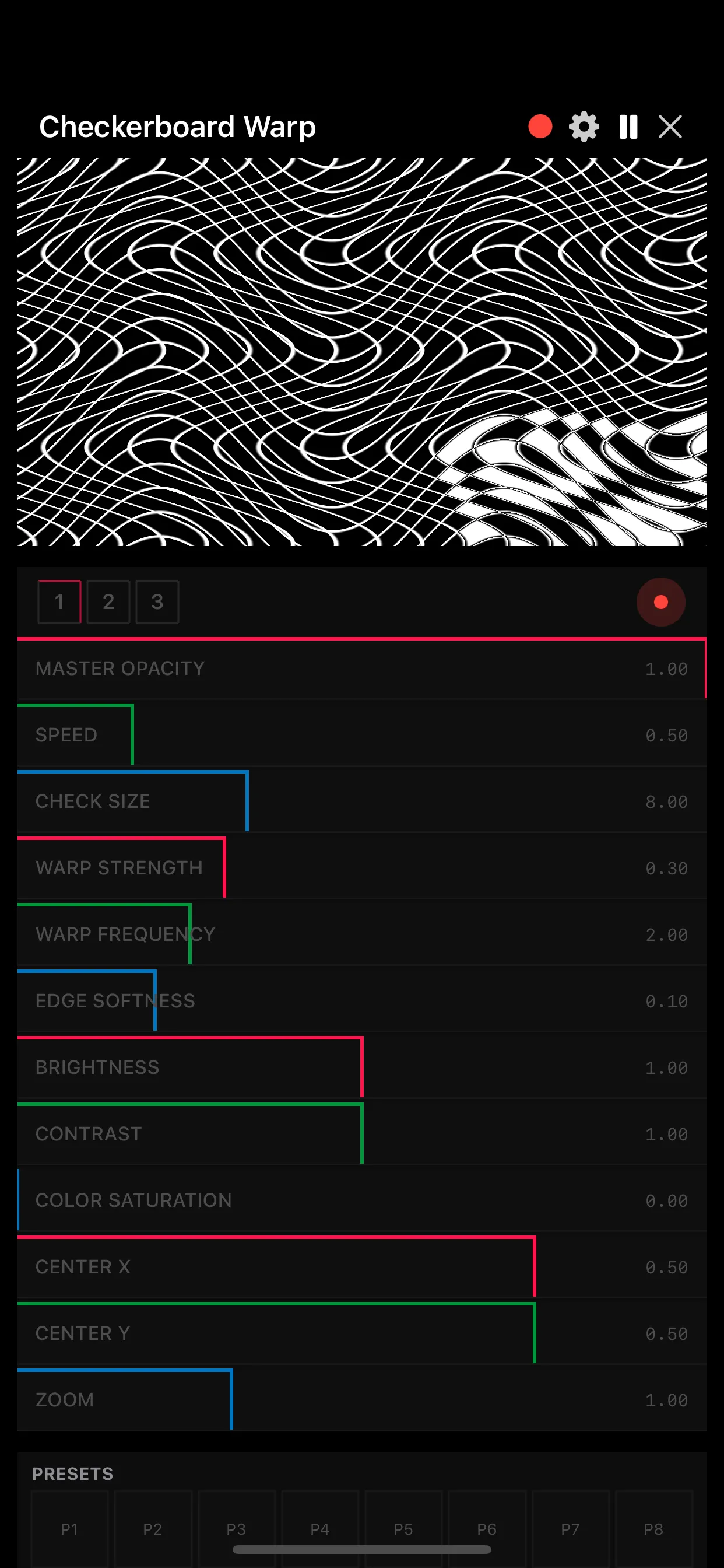 Checkerboard Warp shader with its live parameters on iPhone