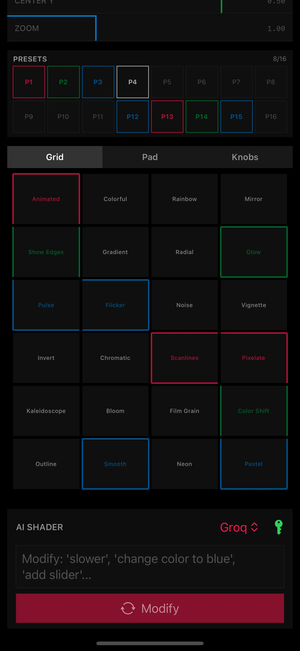 Toggle grid, presets and the AI modify prompt on iPhone