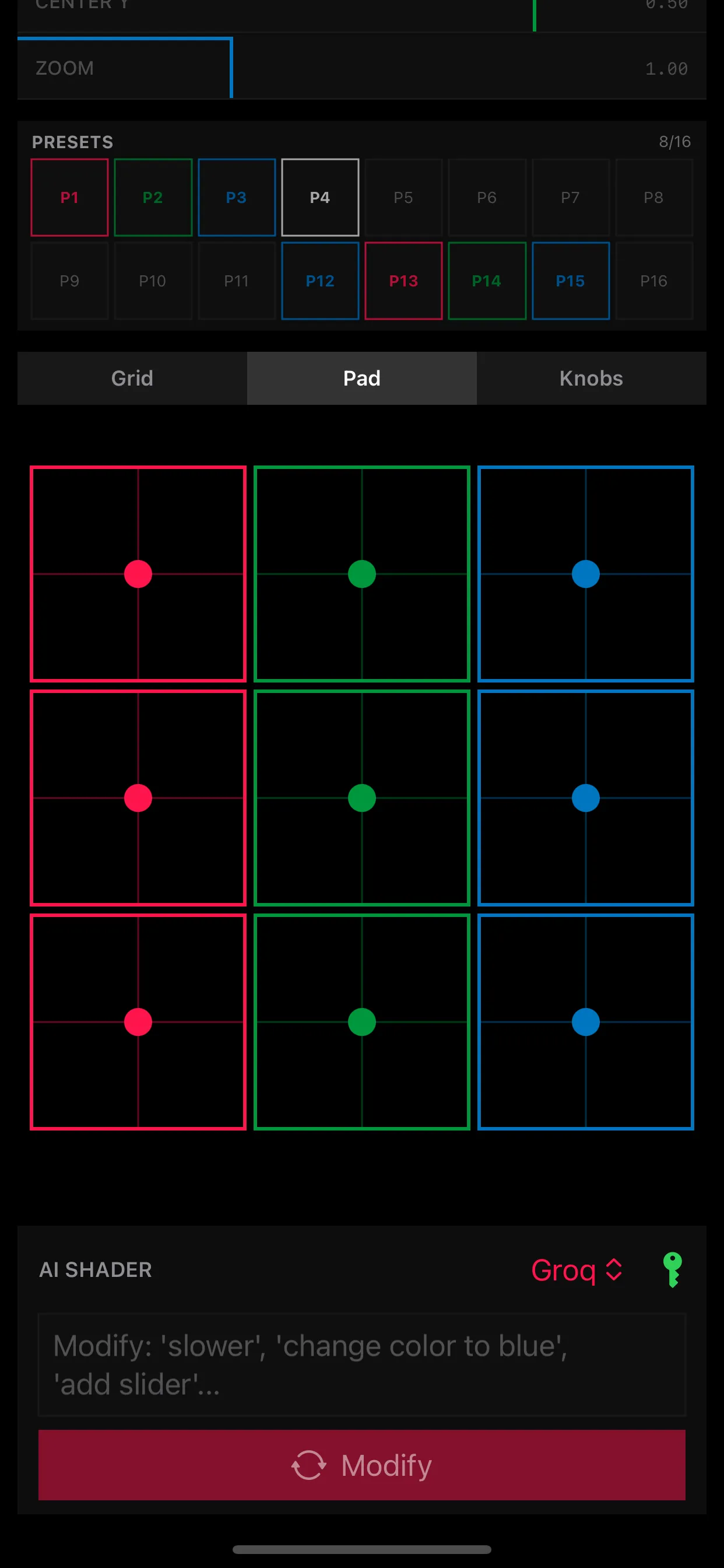 XY pads controlling shader parameters with touch on iPhone