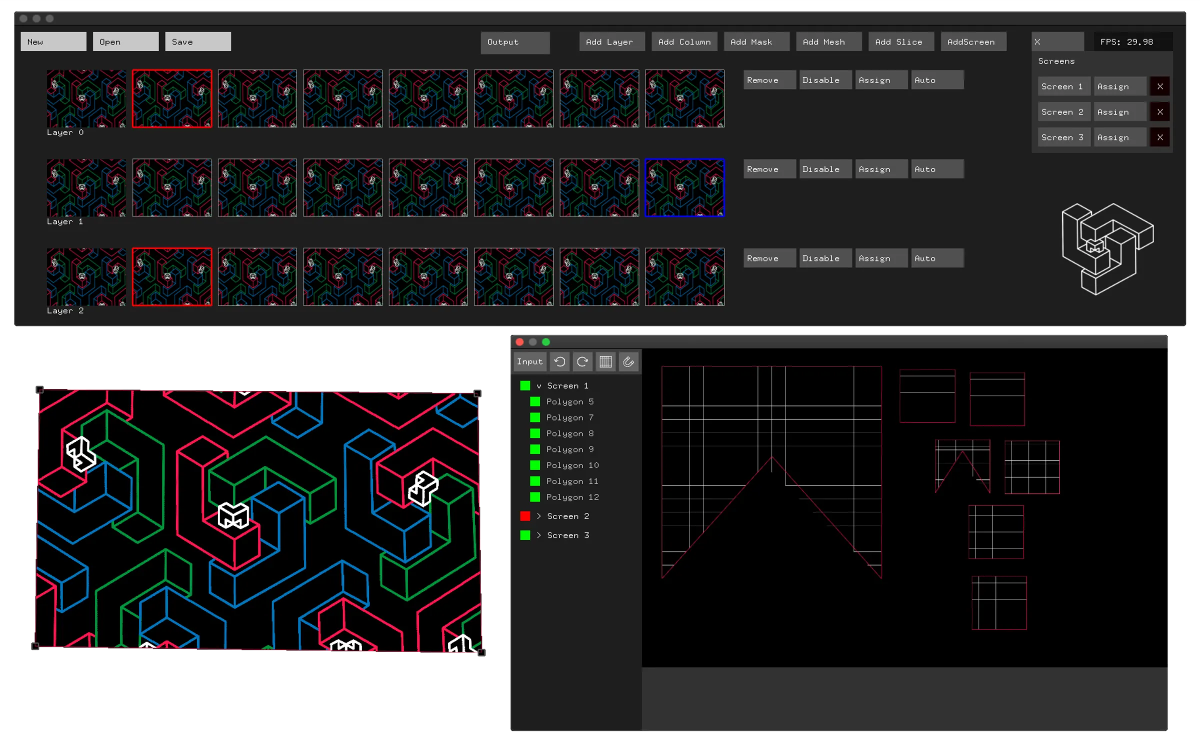 LayerMapper Desktop interface with clip grid and several projector outputs