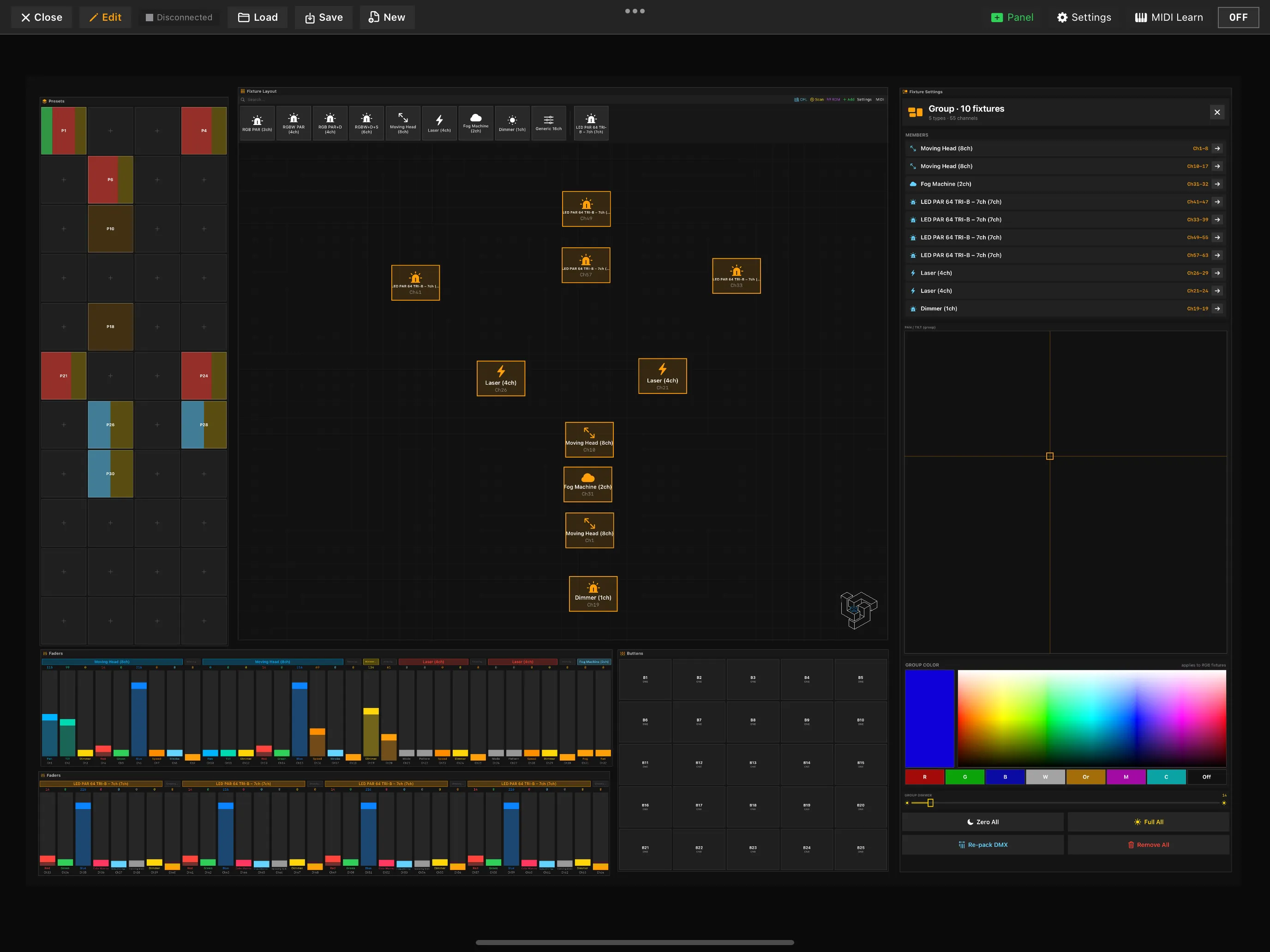 Painel de controle DMX e MIDI no LayerMapper MApp com faders e seletor de cores