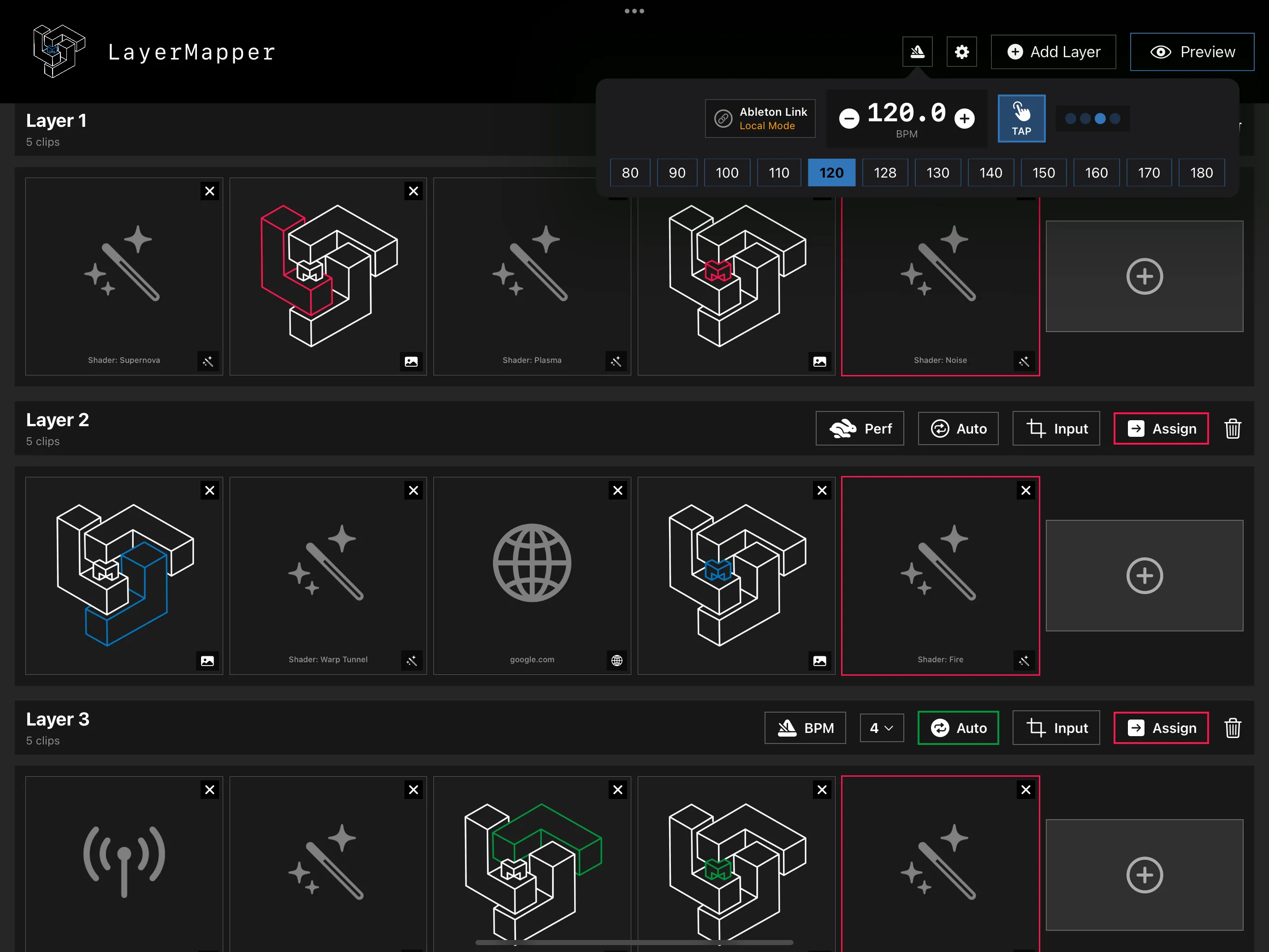 Clip-Raster von LayerMapper MApp auf dem iPad voller GLSL-Shader-Miniaturen