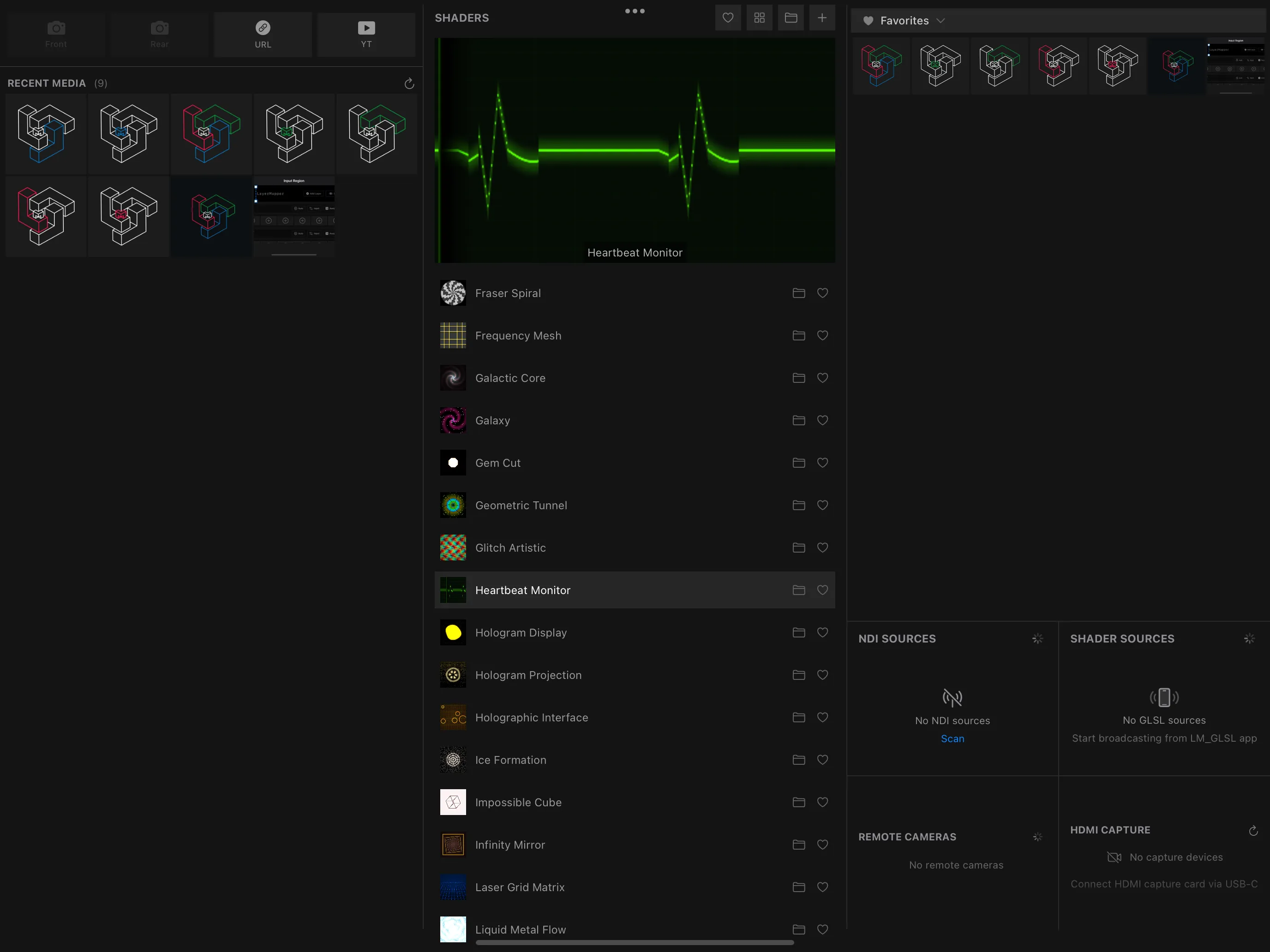 Input sources in MApp: recent media, GLSL shaders, NDI sources, remote cameras and HDMI capture