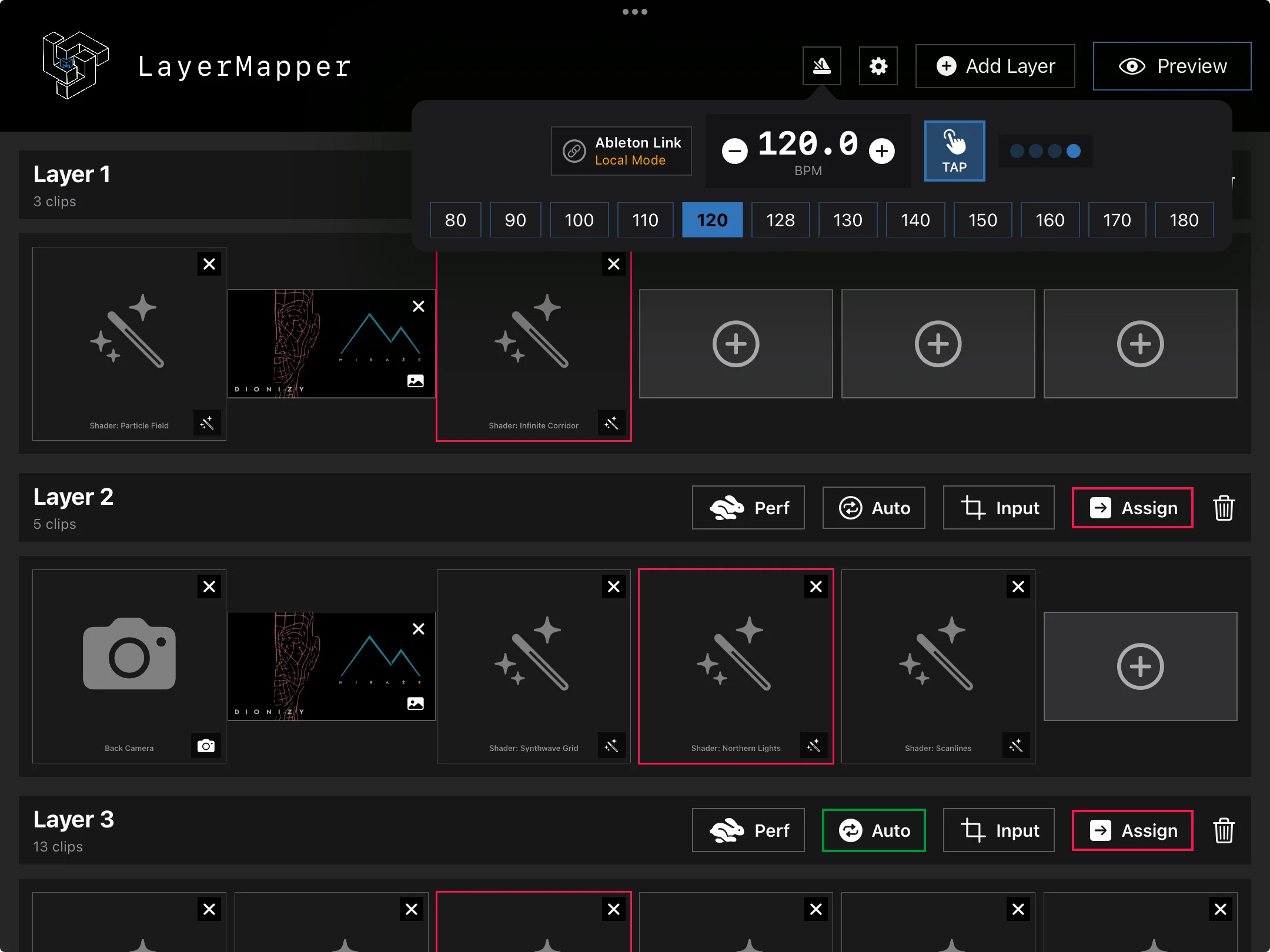 LayerMapper MApp clip grid on iPad with a live camera feed in the first layer