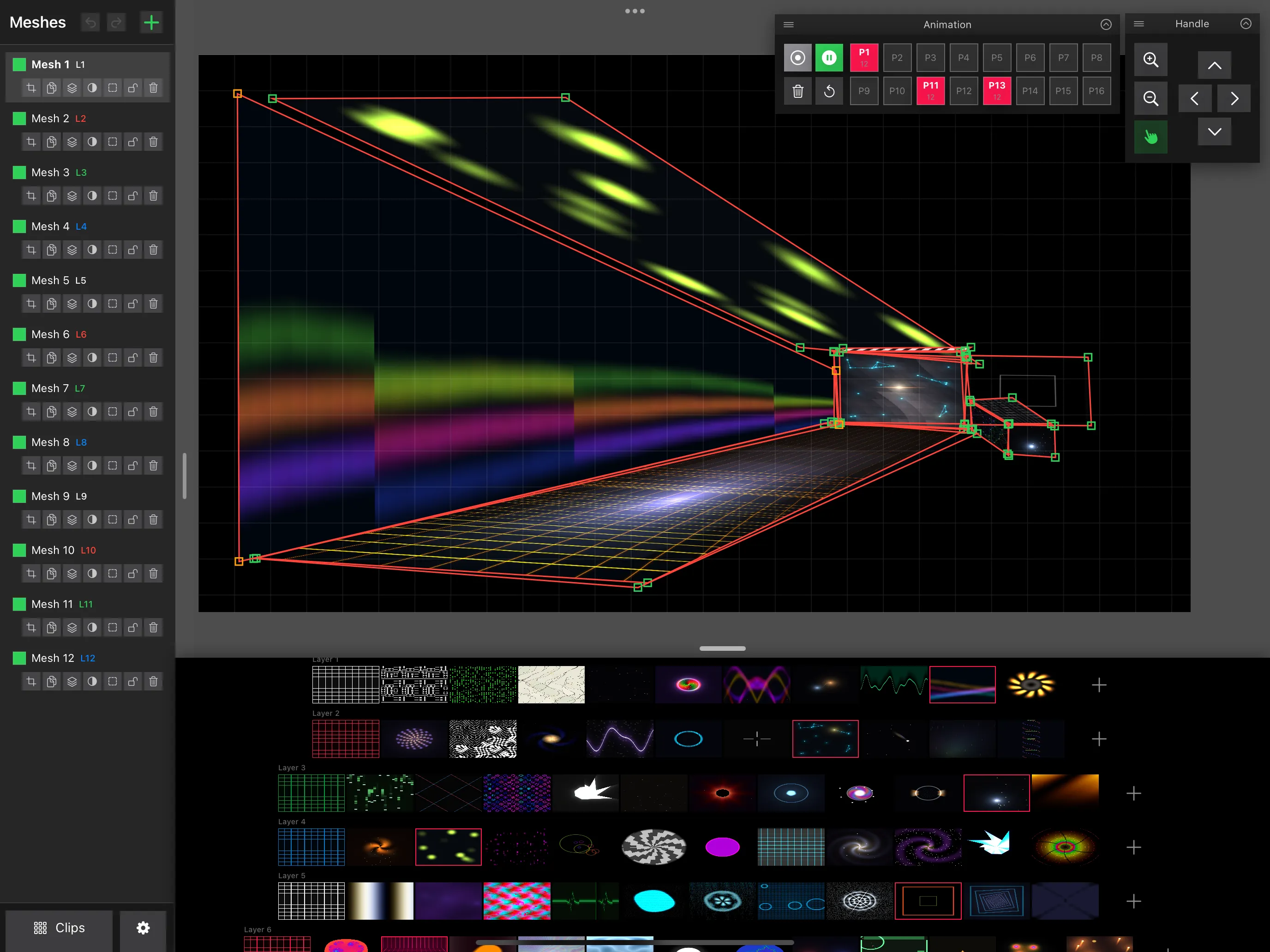 Perspective mesh on iPad projecting a coloured light tunnel, with the shader grid below