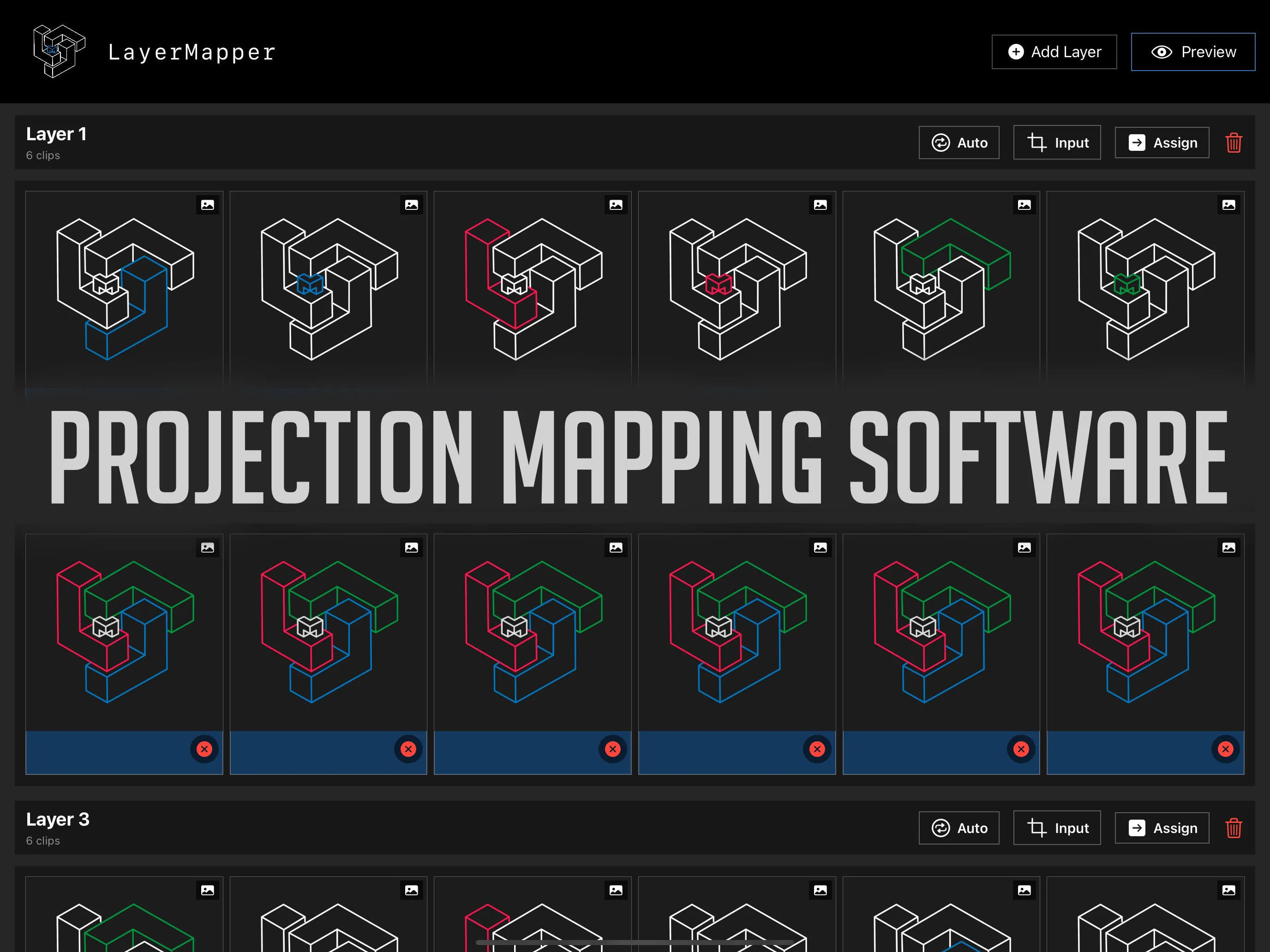 MApp clip grid on iPad with layers of isometric logo animations