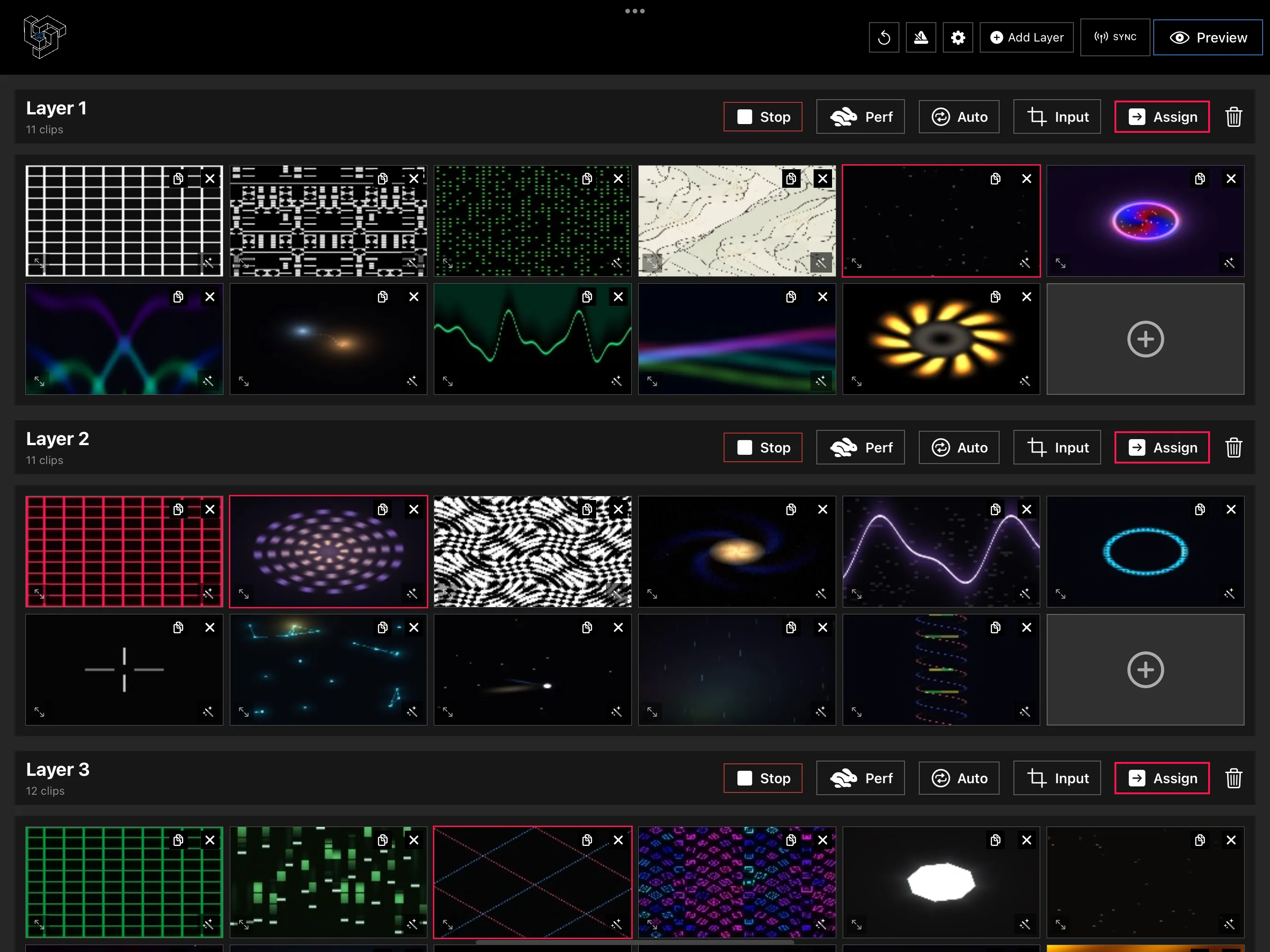 Three layers of GLSL shader clips in the LayerMapper MApp clip grid on iPad