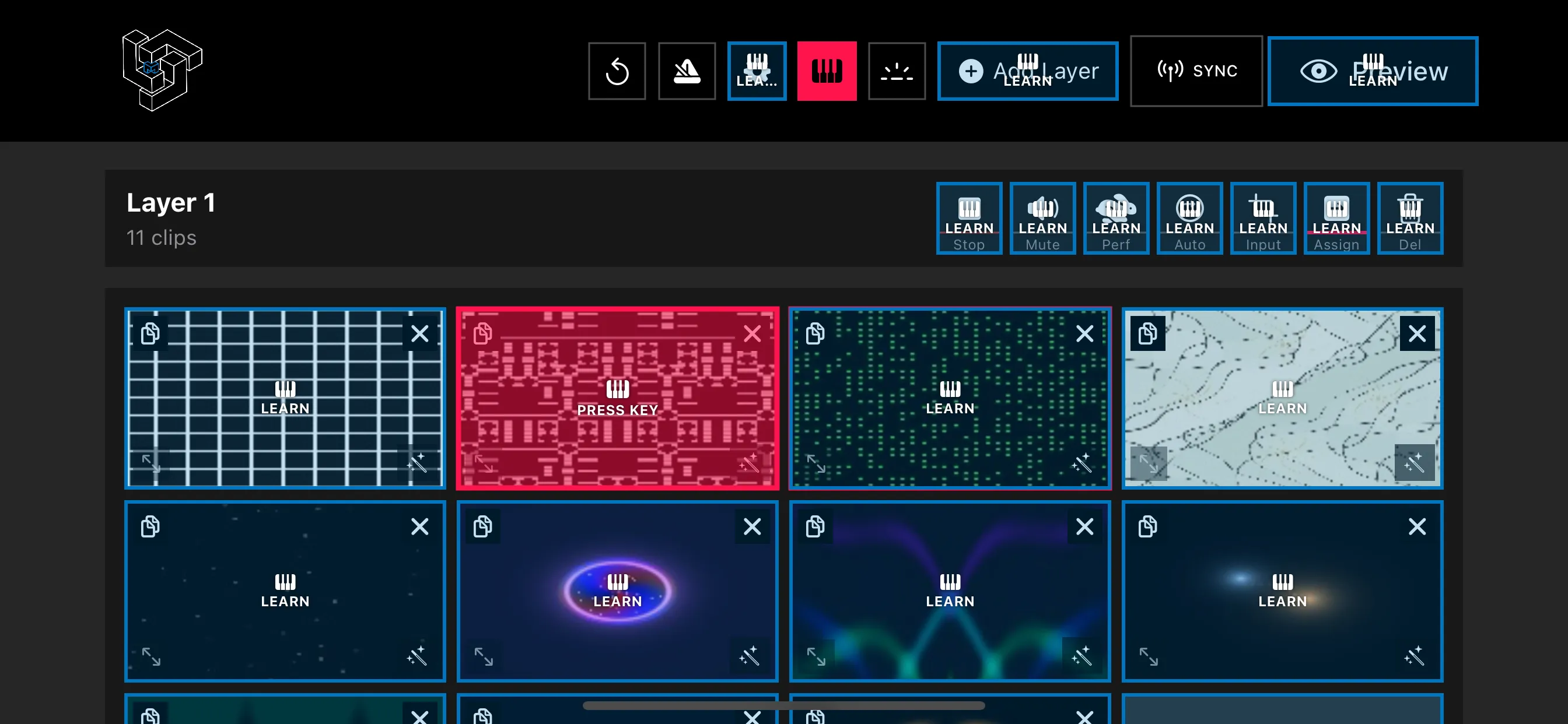 MIDI Learn mode on iPhone: every clip in the grid is ready to be mapped to a controller