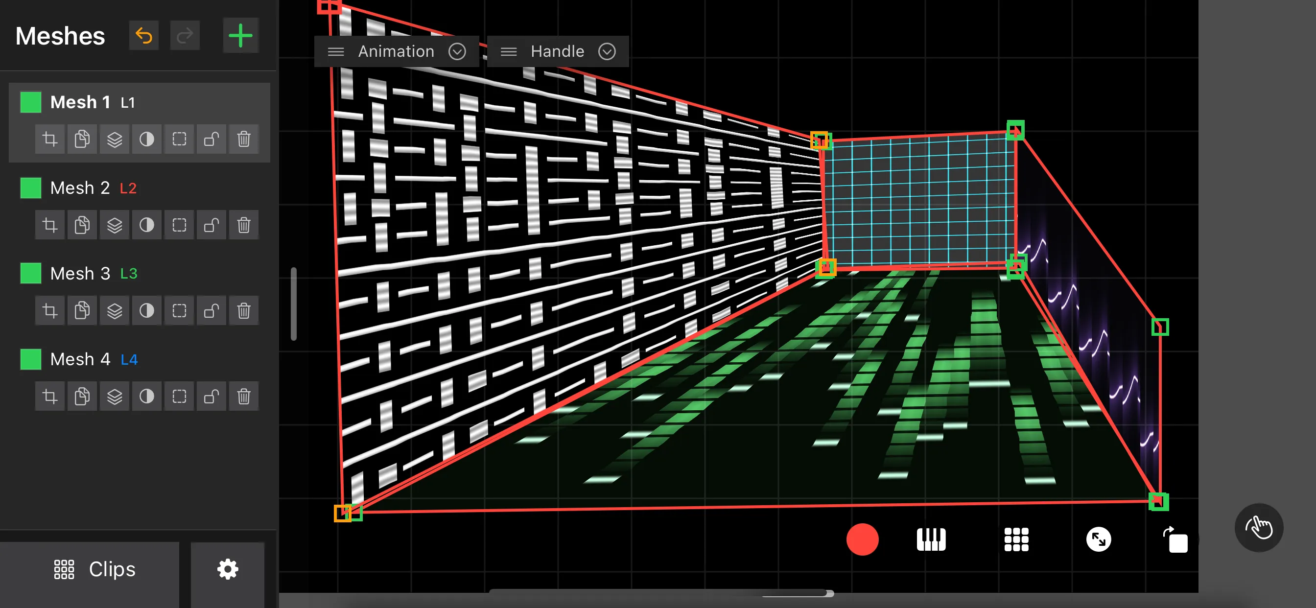 Perspective wall mesh on iPhone with the red record button for real-time corner animation