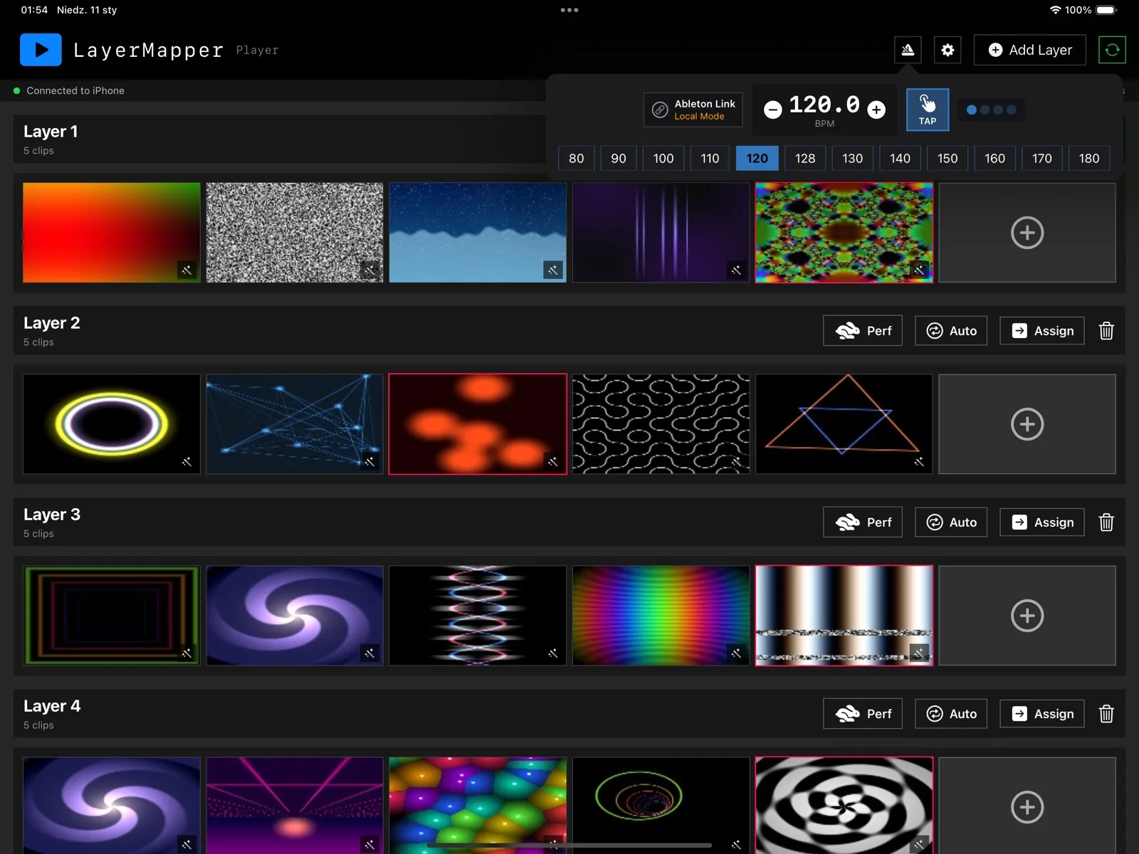 LayerMapper Player on iPad with four layers of colourful clips