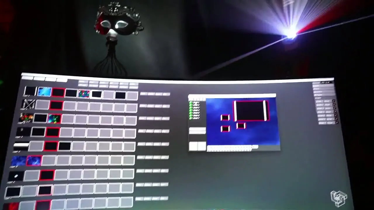LayerMapper Desktop driving seven projectors, with Blackmagic DeckLink input and output.